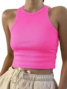 Estate tinta unita senza maniche vestibilità slim corto top canotta costine donna