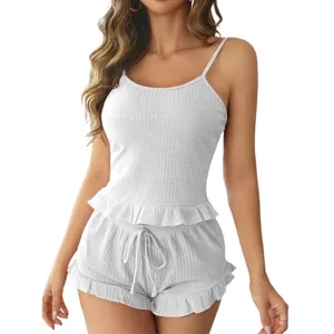 Women ribbed cami top and shorts pajama set sweet ruffles lounge wear sleepwear solid color