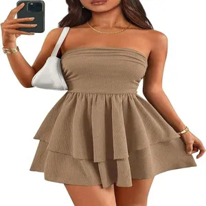 Women summer casual strapless layered ruffle mini dress elegant slim fit party wear outfit