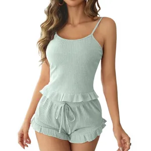 Women ribbed pajama set with cami top and ruffle shorts, solid color cute sleepwear.