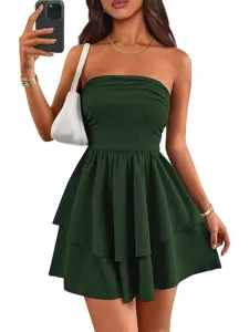 Women summer casual dark green strapless tiered mini dress sleeveless ruffle elegant party wear