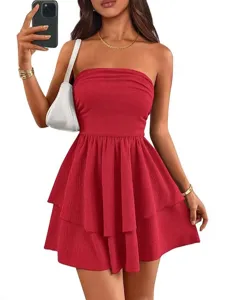 Women red strapless layered ruffle mini dress summer casual party sleeveless cute outfit