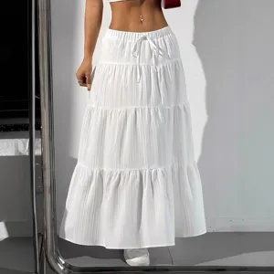 womens white tiered long skirt casual drawstring high elastic waist solid maxi skirt