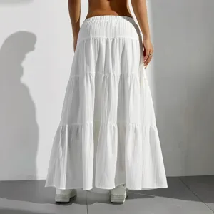 Women's white tiered maxi skirt elastic high waist casual long bohemian skirt summer beach wear
