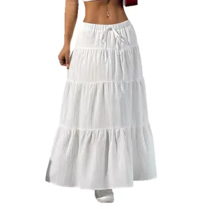 Women solid color tiered maxi skirt casual high waist long skirt with elastic drawstring