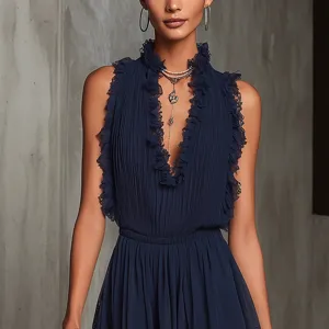 Dark blue sleeveless lace patchwork dress, stylish sexy V-neck ruffle mini dress.