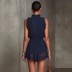Stylish dark blue sleeveless lace spliced women romper, elegant summer fashion daily wear.
