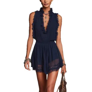 Elegant navy blue sleeveless lace-trimmed V-neck mini dress for women summer fashion style.