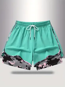 Women athletic sports shorts fake two-piece camouflage gym fitness activewear drawstring waist