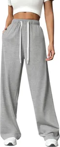 Women's high waist casual loose grey sweatpants with comfortable drawstring for summer daily wear