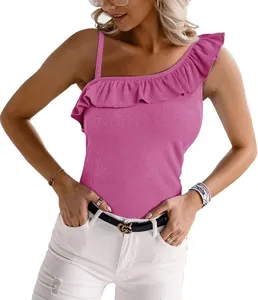 Women summer one shoulder ruffle ribbed tank top slim fit casual stylish apparel chic top