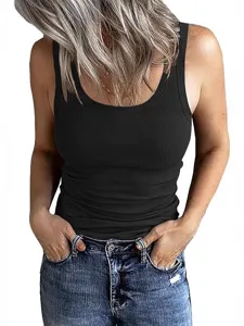 Closeup view of womens black ribbed sleeveless tank top, stretchy slim fit basic casual wear.