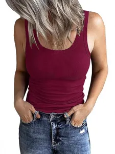 Women Ribbed Tank Top Casual Sleeveless Slim Fit Basic Summer Vest Burgundy Solid Top