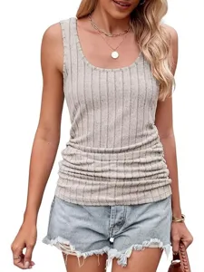 Women Casual Ribbed Knit Tank Top Square Neck Slim Fit Sleeveless Solid Color Ribbed Stretchy Top Summer Everyday Wear