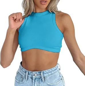 Blue ribbed knit high neck crop top for women, sleeveless basic summer crop top detail