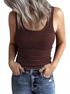 Women brown ribbed tank top sleeveless slim fit basic casual summer top apparel detail view