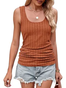 Women summer casual slim fit ribbed knit tank top scoop neck solid color basic sleeveless top