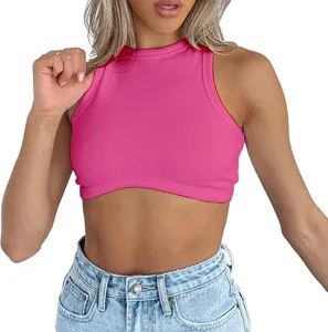 Summer ribbed knit crop top, sleeveless round neck basic style for women, hot pink.
