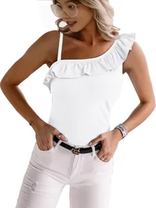 Women's Casual Rayon One Shoulder Ruffle Tank Top Slim Fit Sleeveless Square Neck Basic Summer Solid Color Blouse