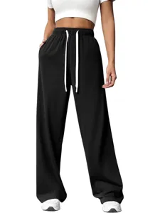 Women's Casual High Waist Wide Leg Trousers Loose Drawstring Sweatpants Summer Fashion Solid Color Long Pants