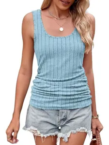 Women casual slim fit ribbed knit tank top summer basic sleeveless solid color blue shirt