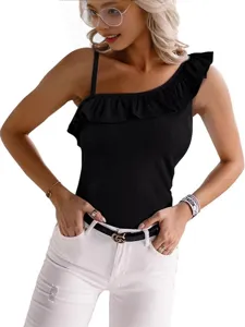 Women summer black one shoulder ruffled strap top paired with white ripped jeans for stylish look.