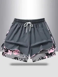 Detailed view of women running sports shorts, featuring double layer design with pink pixel camo.
