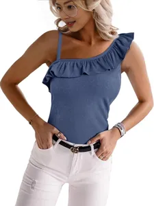 Summer women one shoulder ruffle ribbed tank top casual slim fit blue sleeveless shirt