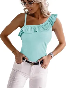 Summer women's one-shoulder ruffle tank top, slim fit casual sleeveless top for daily wear.