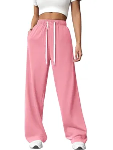 Women high waisted casual wide leg sweatpants summer loose pink drawstring trousers main