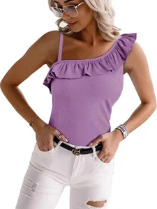 Summer new women fashion one shoulder ruffle camisole slim fit ribbed knit casual top