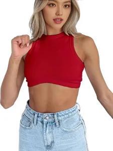 Women Summer Ribbed Knit High Neck Sleeveless Crop Top Red Basic Tank Top Main View
