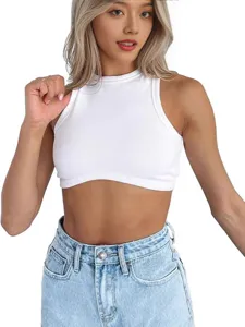 Women white ribbed knit crop tank top casual sleeveless crewneck basic summer streetwear