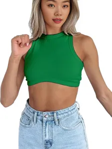 Women Green Ribbed Crop Top Summer Casual Sleeveless Mock Neck Slim Fit Basic Tank Top