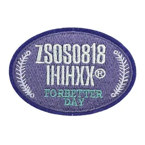 Parche bordado con letras ovaladas para chaqueta de béisbol, elegante accesorio morado.