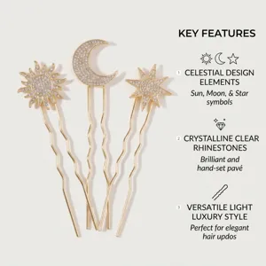Celestial sun moon star rhinestone hair pin set light luxury bridal hair accessory detail