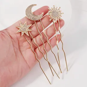 Exquisite gold celestial hairpins set featuring crystal rhinestone sun moon and star designs.