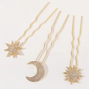 Crystal sun moon star hair pins set gold hair fork bridal party hair accessories detail