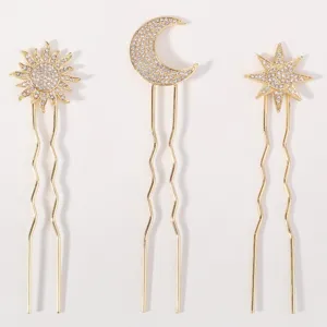Gold rhinestone sun moon and star hair pin set, celestial U shaped hair accessories.