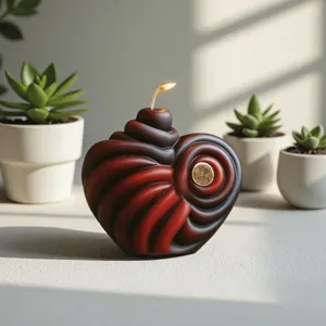 Vista detallada de vela aromática en espiral de corazón con degradado e inserto dorado.