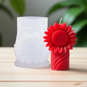 Molde de silicona para velas de girasol y vela decorativa roja para manualidades DIY.