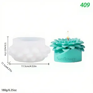 Molde de silicona para velas de girasol y vela aromática terminada con dimensiones.