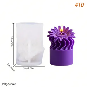 Molde de vela de girasol de silicona y vista detallada de la vela aromática violeta.