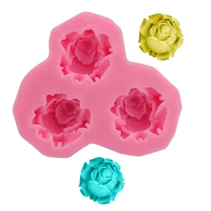 Detail view of the 3-cavity rose silicone mold for fondant cake decoration and DIY crafts.