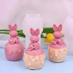 Detailed view of 3d cute rabbit silicone mold, handmade aromatherapy candle and plaster ornament.