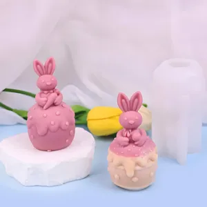 Detailed view of cute 3d bunny rabbit silicone mold for handmade aromatherapy candle and plaster.