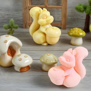 Cute squirrel holding acorn and mushroom silicone mold for handmade gypsum candle and aroma crafts.