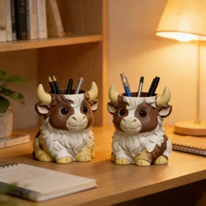 Lindo lapicero de vaca highlander en resina, ideal para decorar el escritorio y regalo infantil.