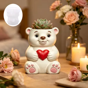 Cute bear holding heart silicone mold for making concrete flower pots, resin crafts, home decor.