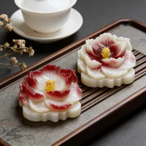 Handgefertigte 3D-Blumen-Dekorationsornamente mit eleganter Farbverlauf-Rot-Weiss-Gestaltung.